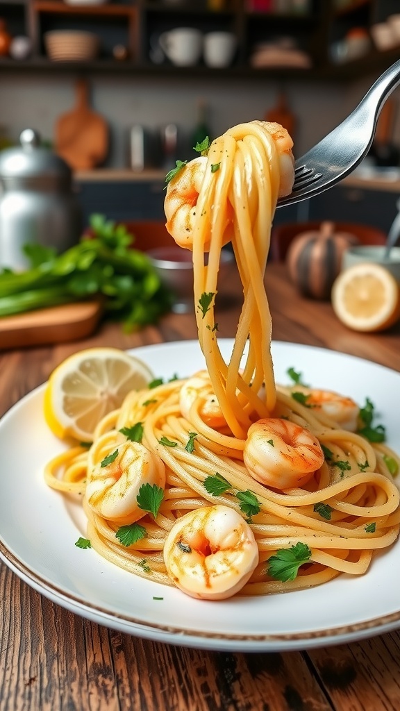 Garlic butter shrimp pasta garnished with parsley and lemon, served elegantly on a table.